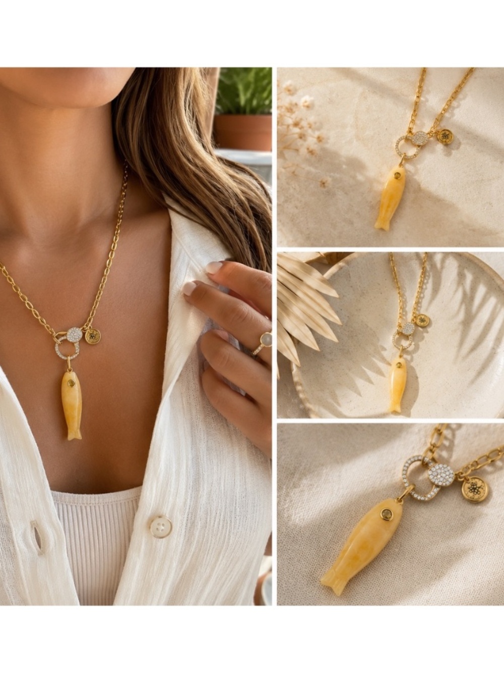 Mannaz Designs Yellow Jade Fish Pendant Necklace Gold Tone Handmade